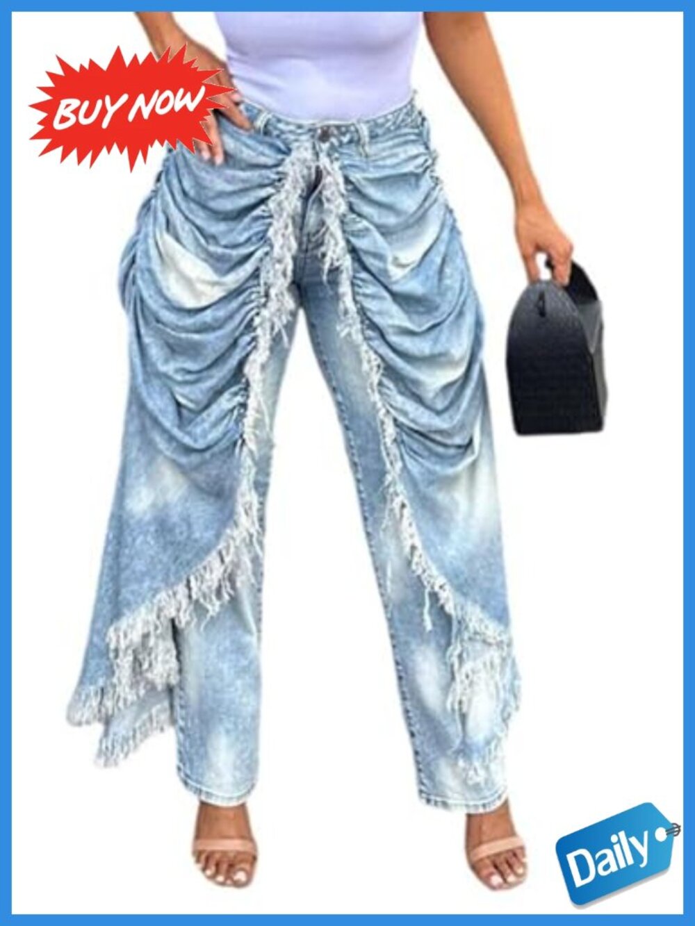 Women High Waisted Patchwork Wide Leg Cargo Jeans Frayed Fringe Harem Denim